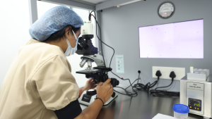 Laboratory technician using a microscope to support pathogen genomics and disease surveillance in low- and middle-income countries